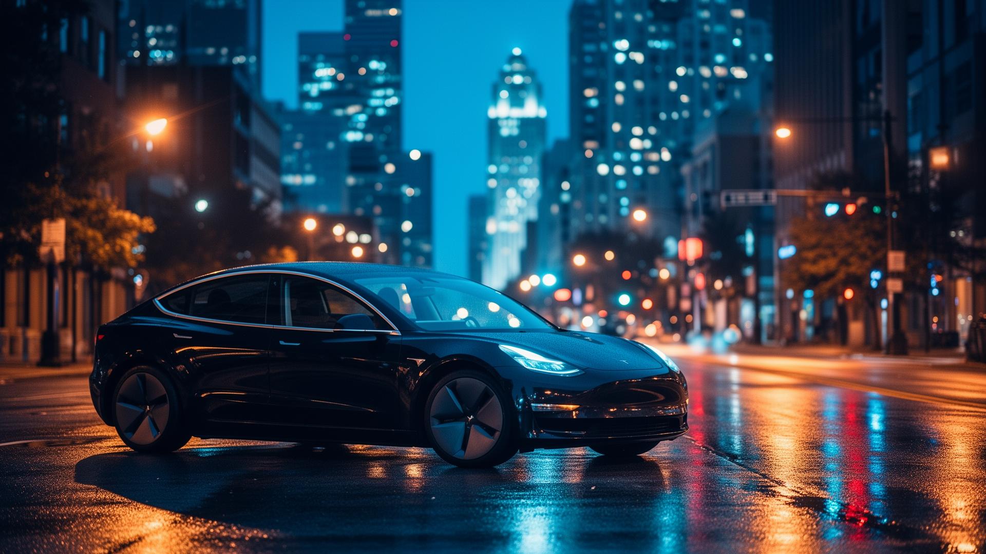 Black Tesla Model 3 on a wet downtown Atlanta street at night